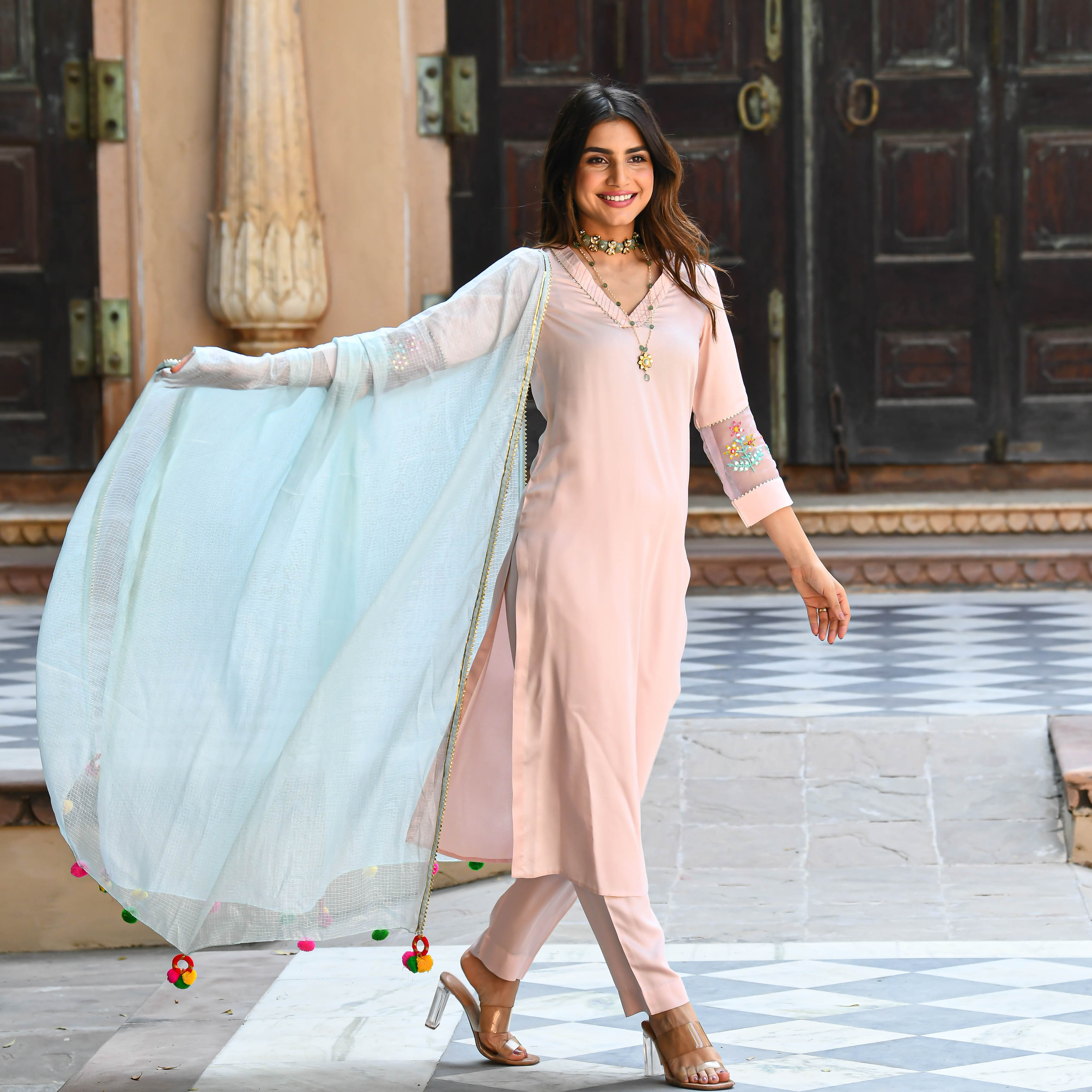 Baby Blue Pink Embroidered Salwar Suit