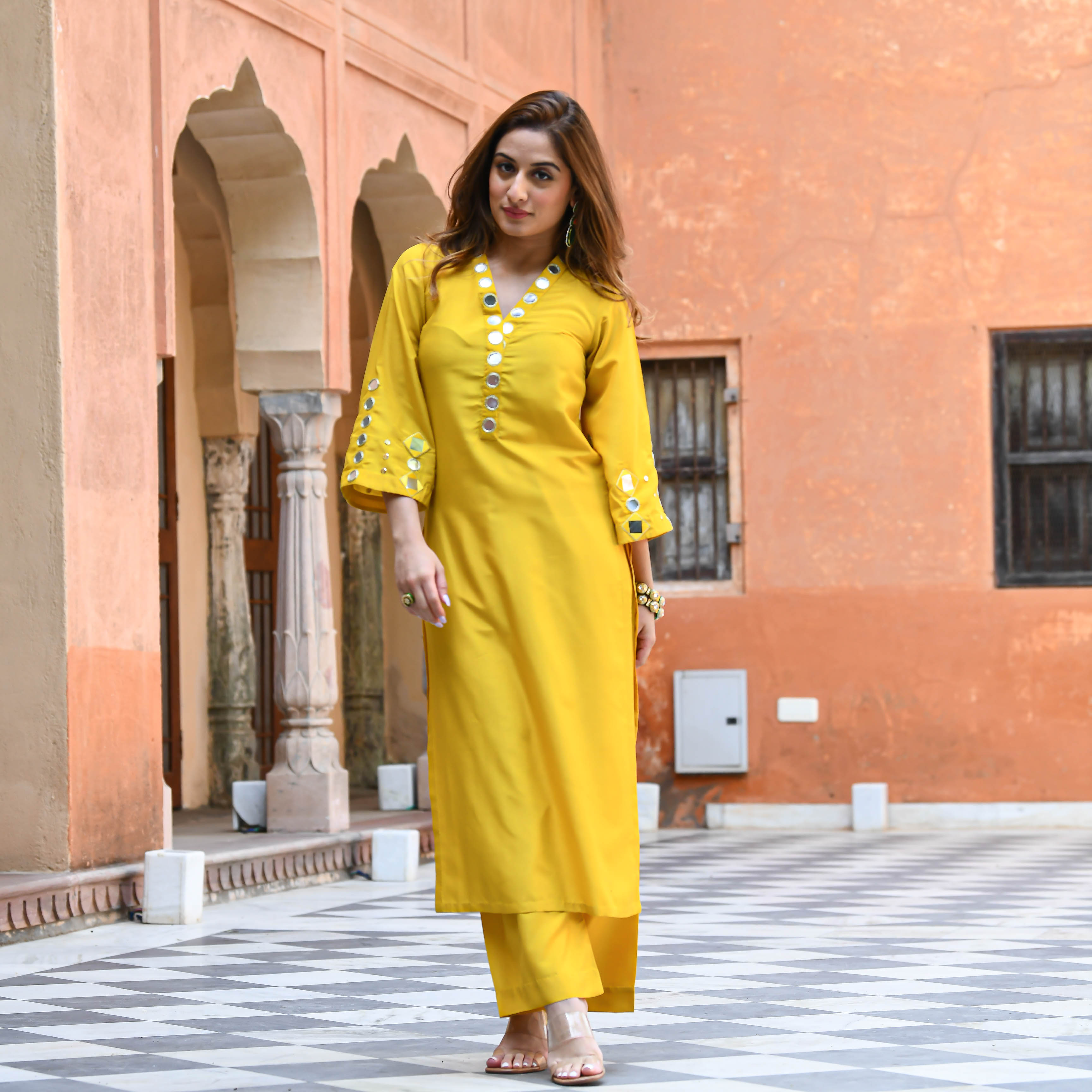 Yellow Mirror Work Kurta Pant Set For Women Online 