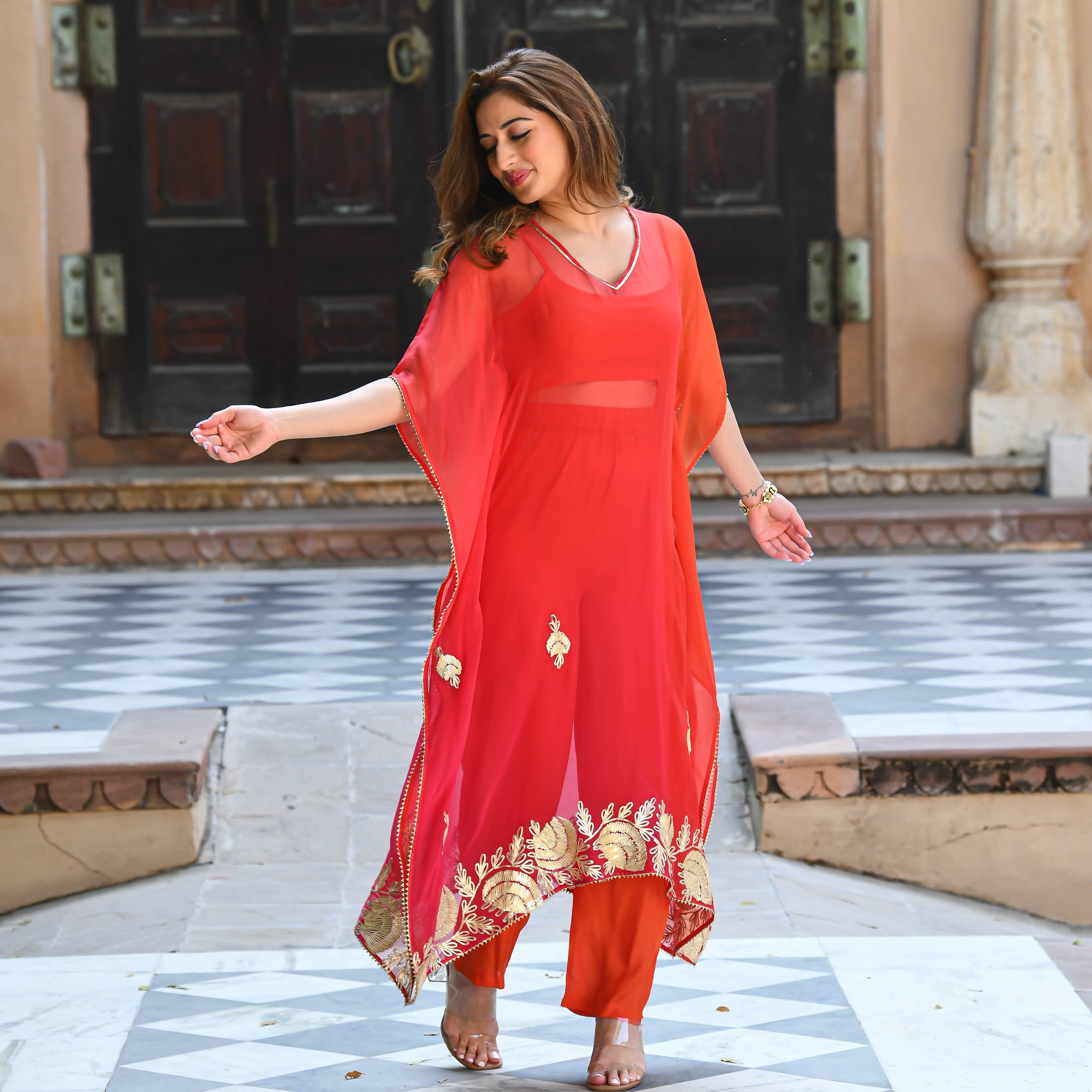 Red Chiffon Gotta Work Kaftan Set For Women Online