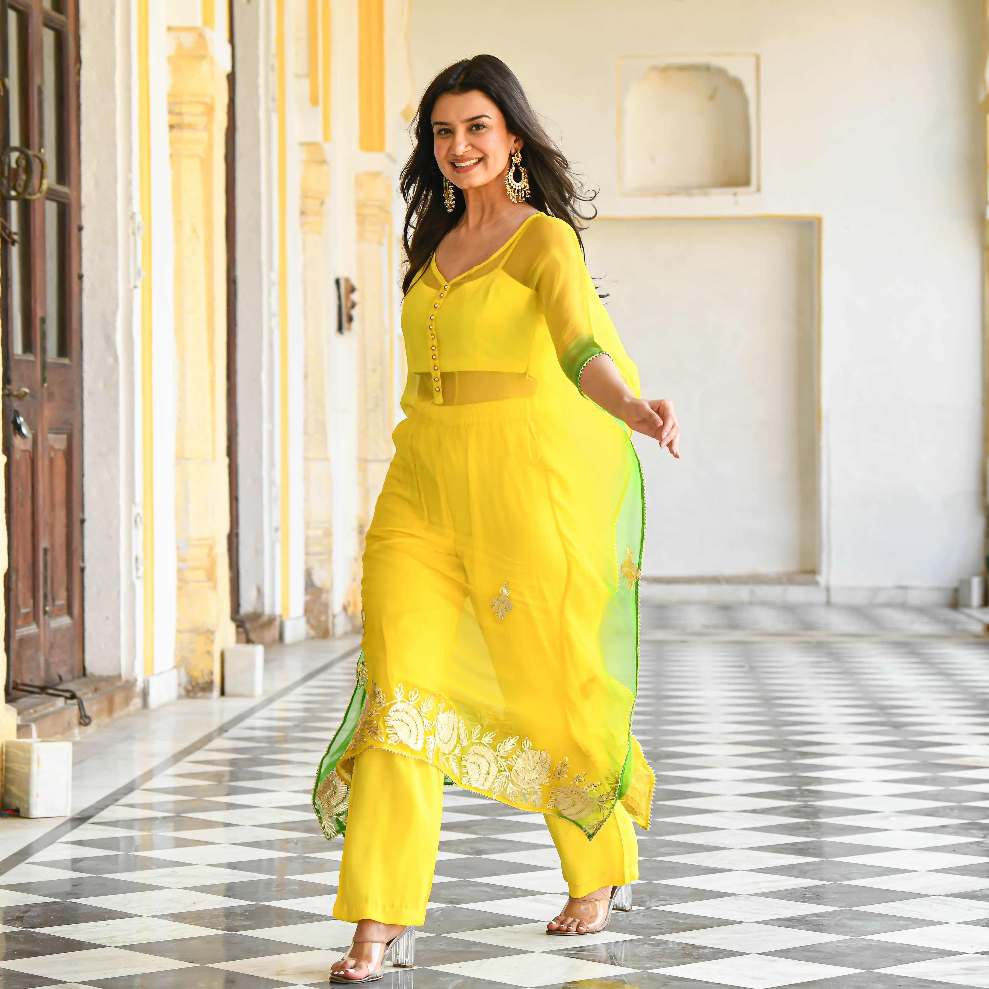 Yellow Green Shaded Chiffon Kaftan Set For Women Online