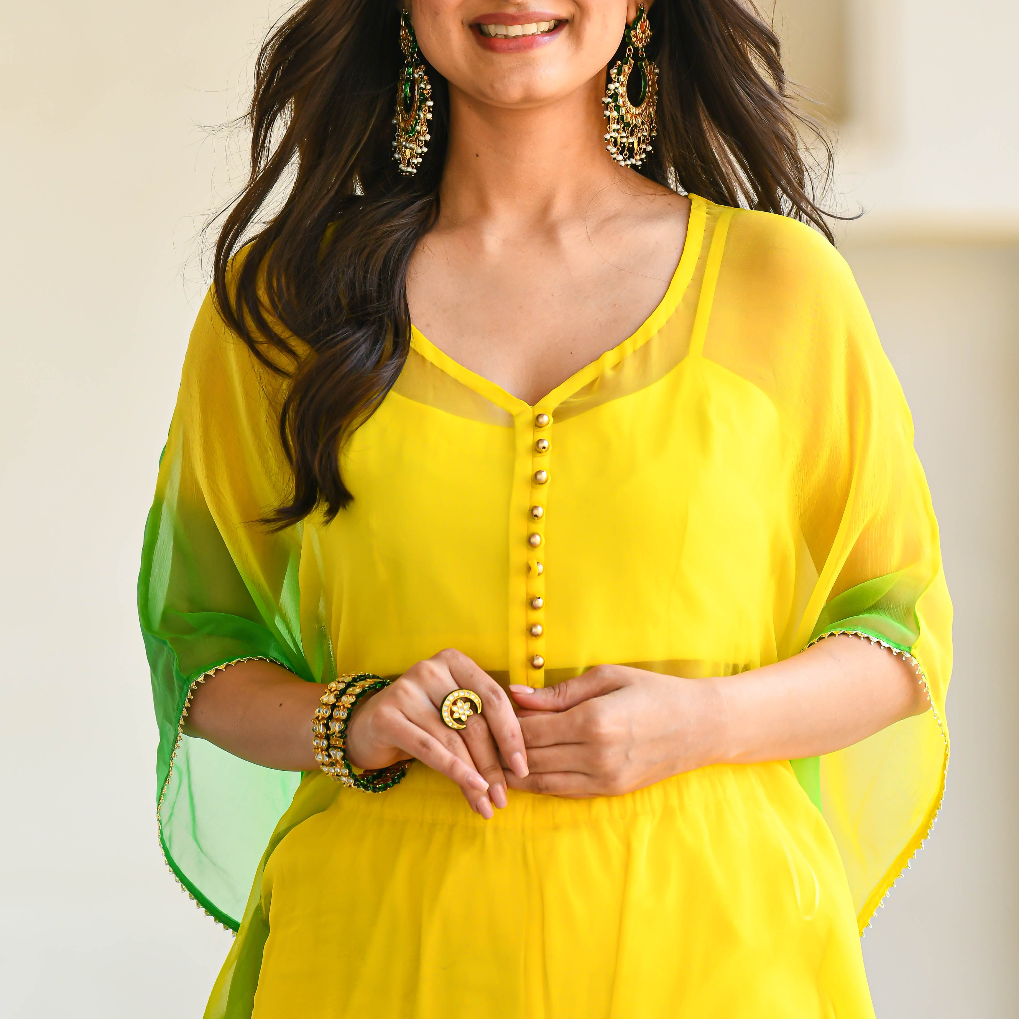 Yellow Green Shaded Chiffon Kaftan Set For Women Online