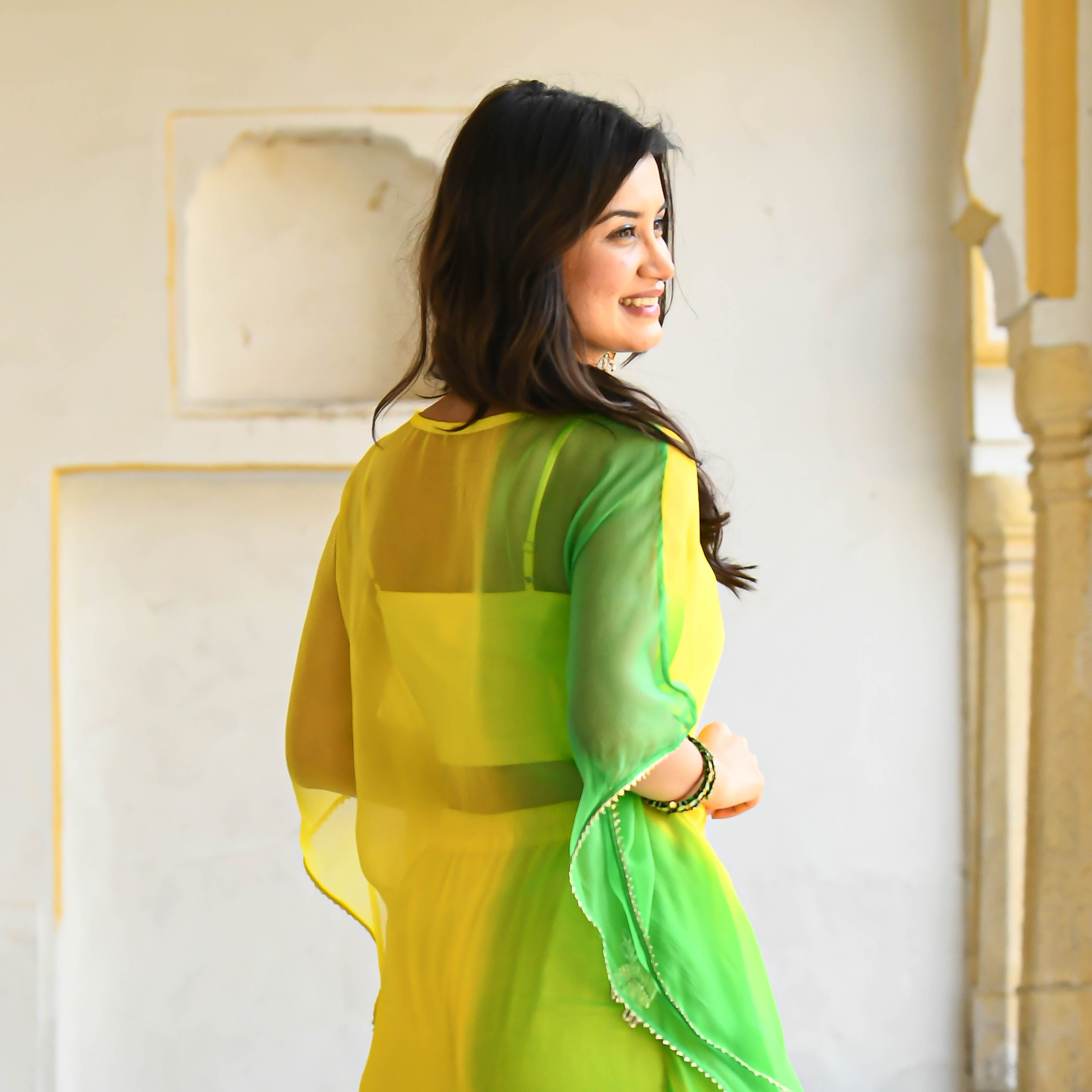 Chiffon Yellow Green Double Shaded Kaftaan Set
