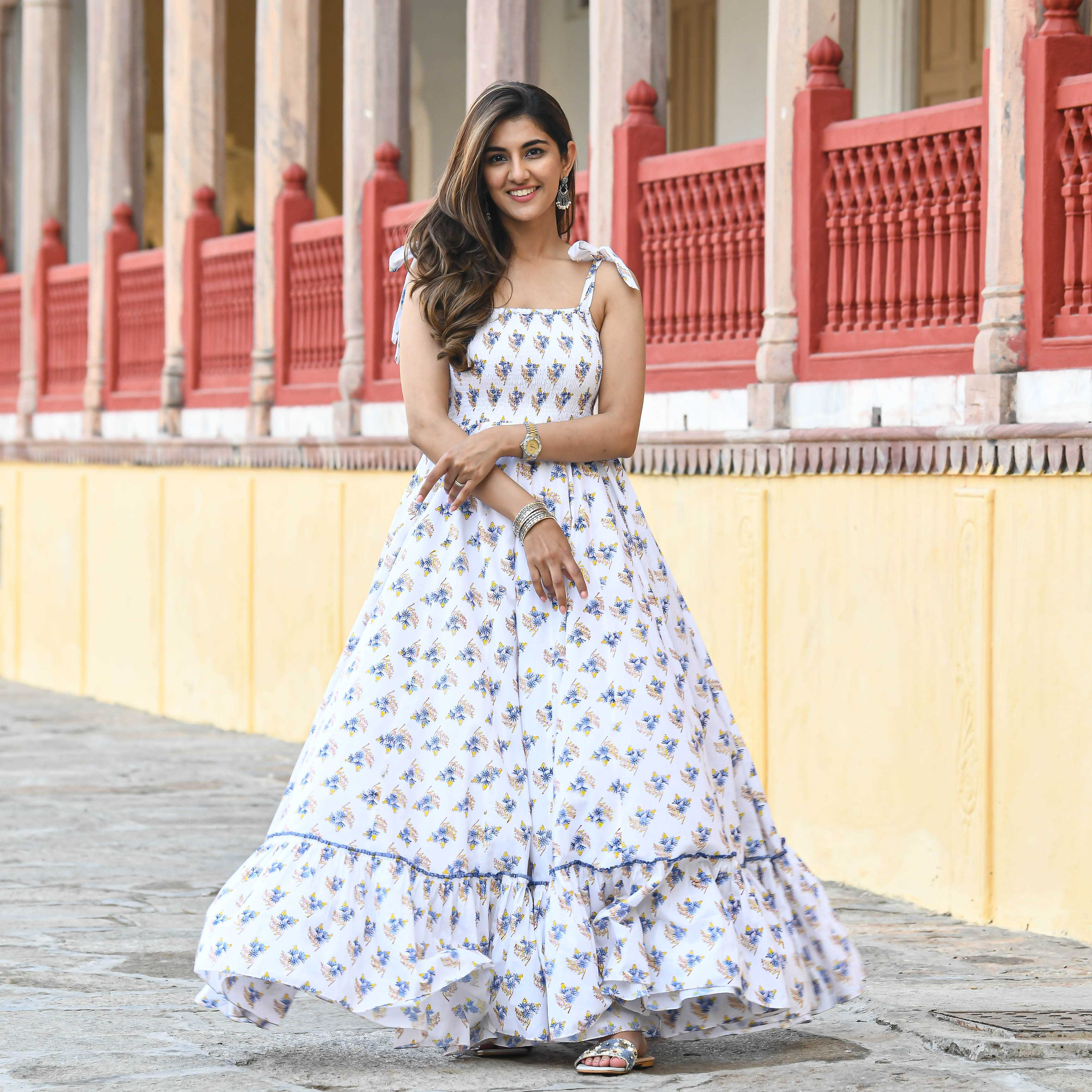 designer cotton dress Hand Block Print Cotton Maxi Dress, Indigo Tiered Summer Dress