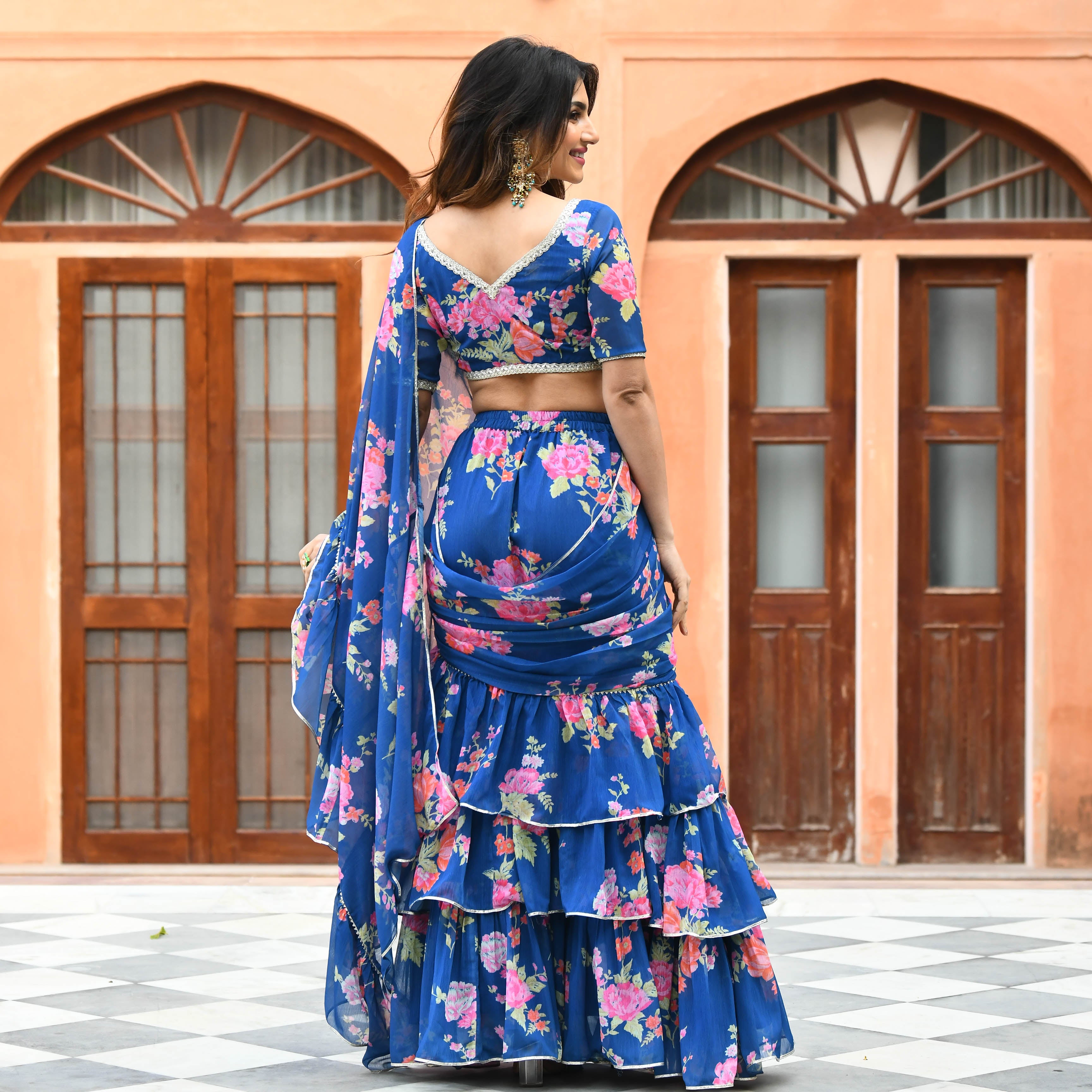 Blue Floral Drape Saree for women online