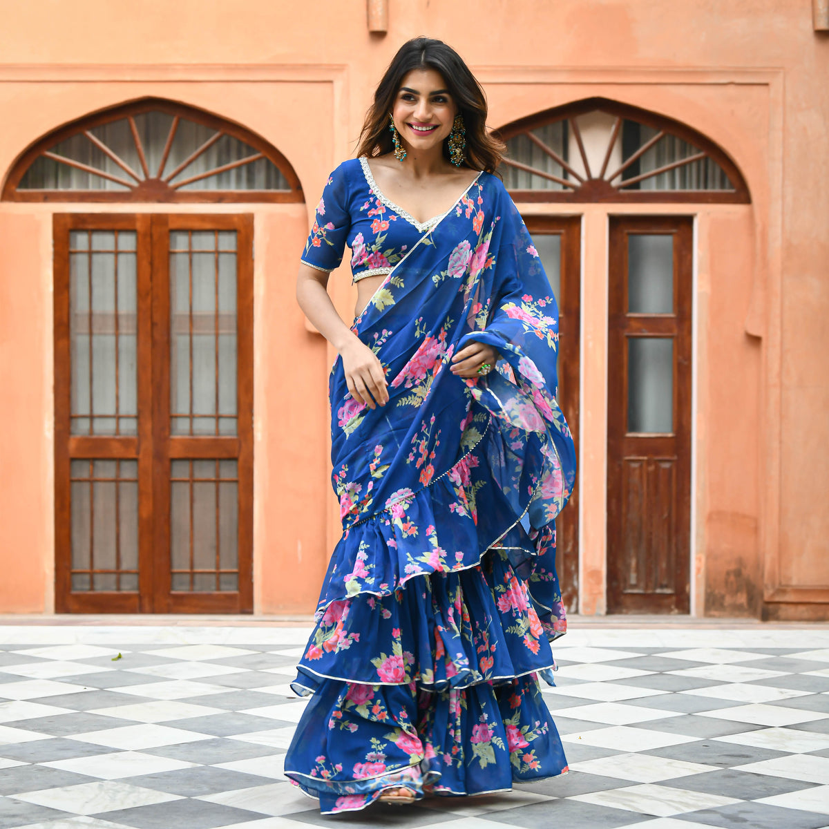 Blue Floral Fusion Saree