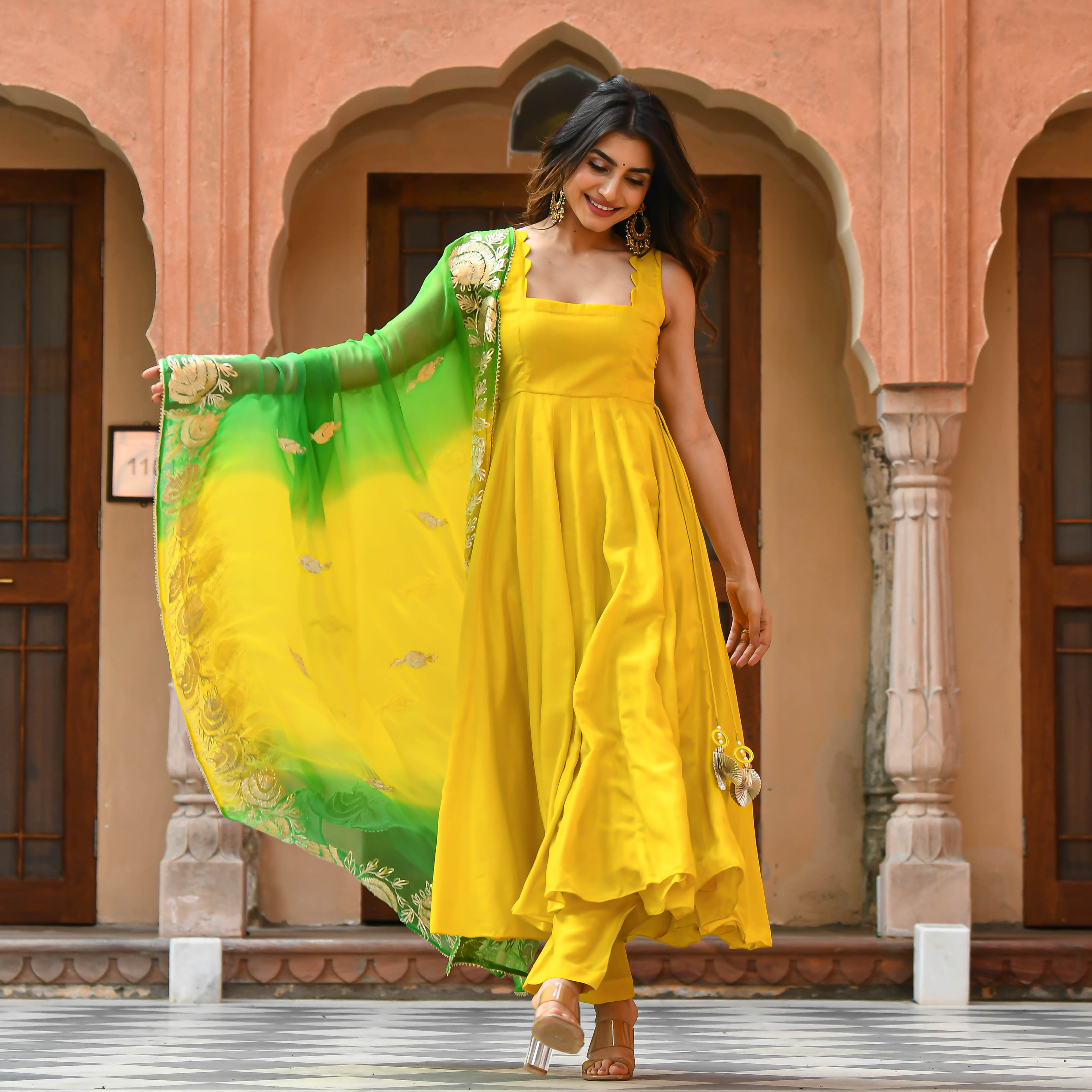 Yellow Green Shades Anarkali Salwar Suit Set For Women Online Yellow Green Shades Anarkali Salwar Suit Set For Women Online