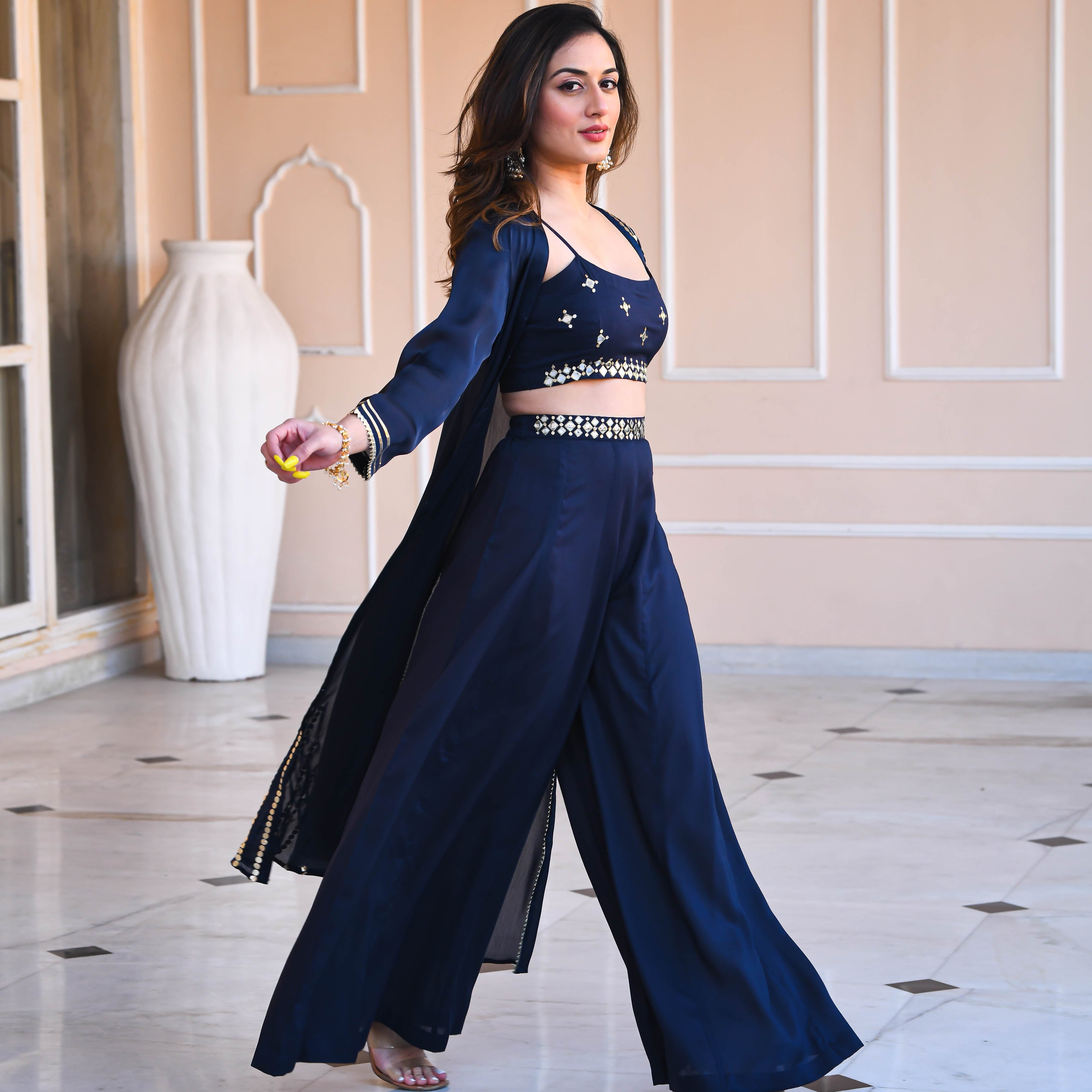 Blue Cotton Silk Mirror work Co-ord Set