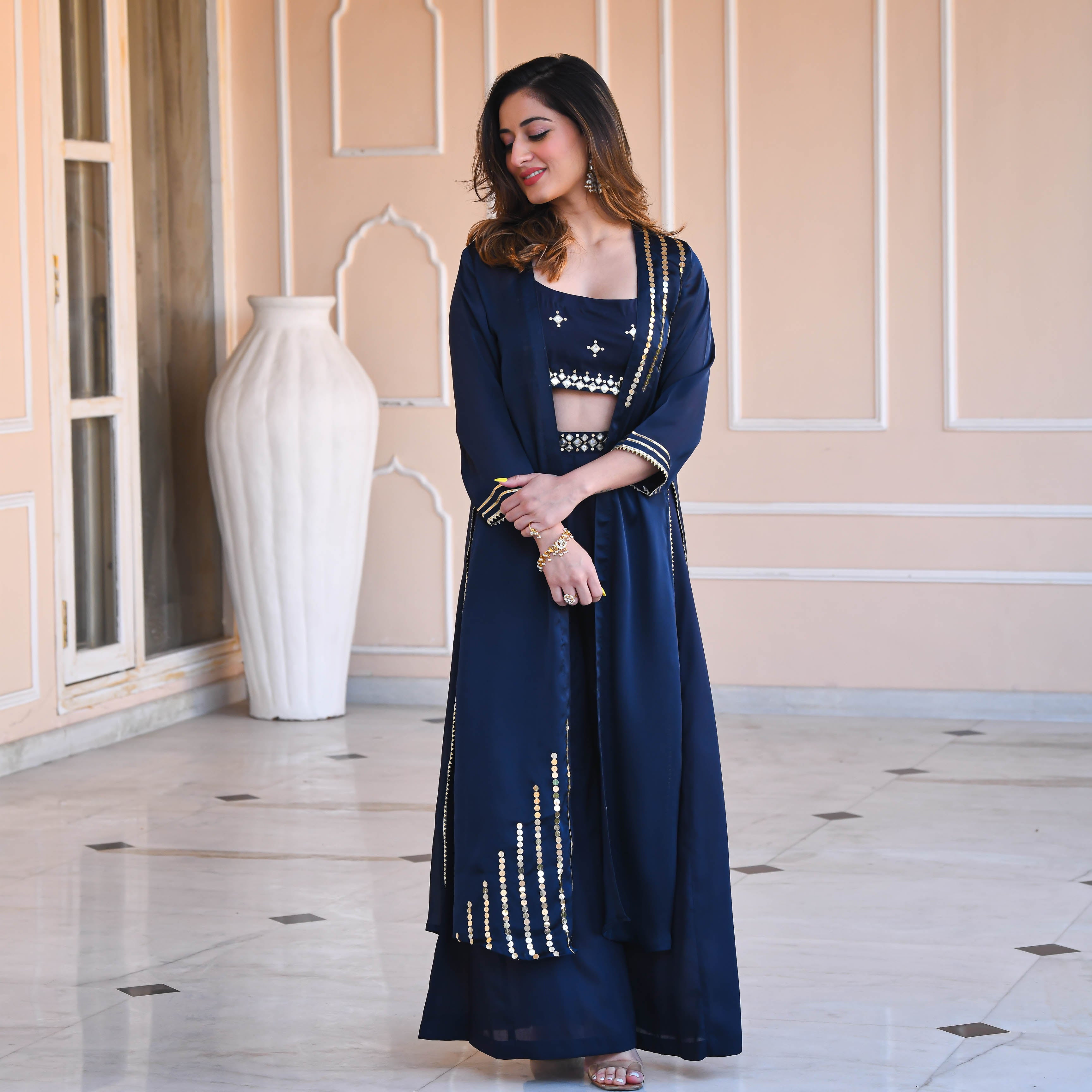 Blue Cotton Silk Mirror work Co-ord Set