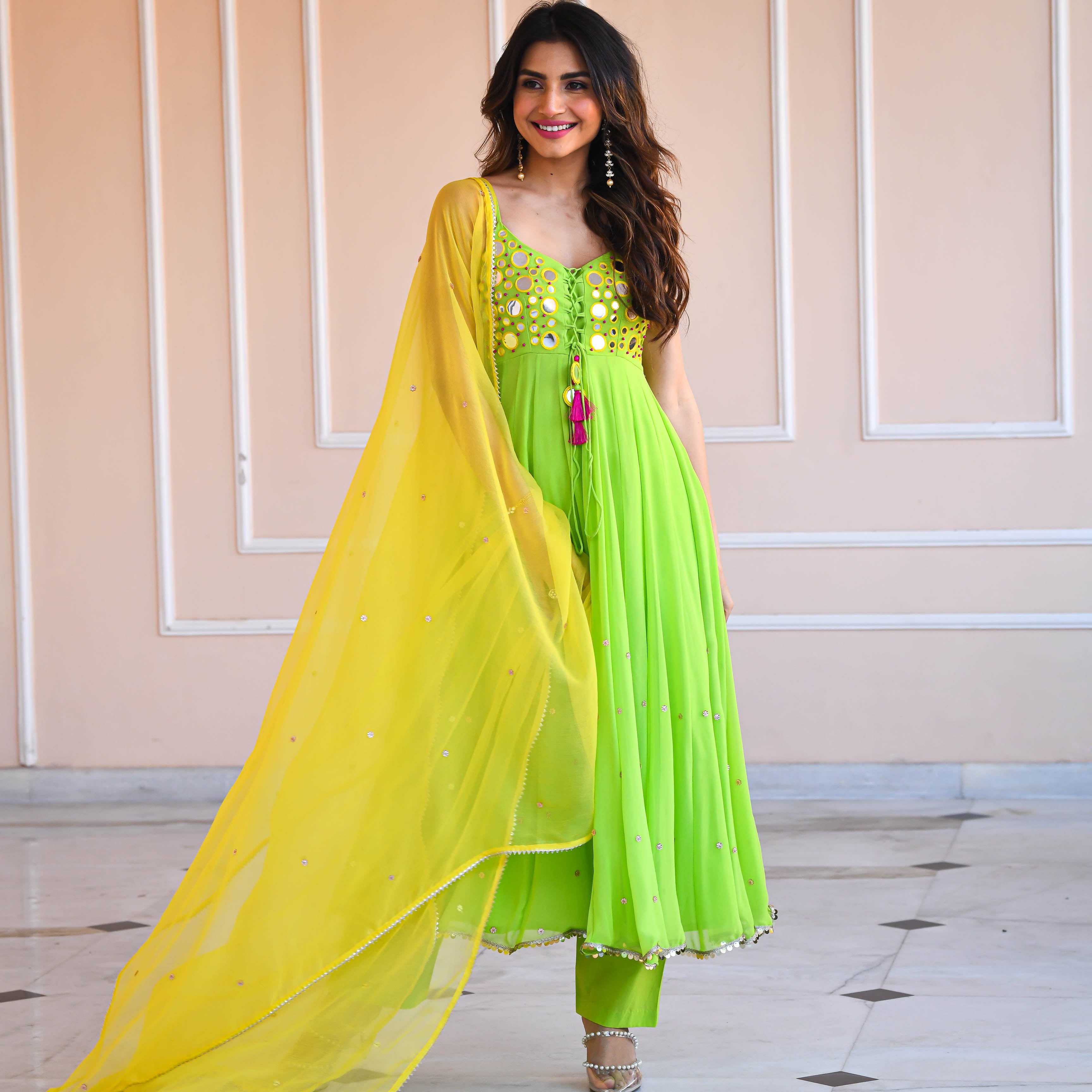 Yellow Green Mirror Work Anarkali Suit Set For Women Online Yellow Green Mirror Work Anarkali Suit Set For Women Online