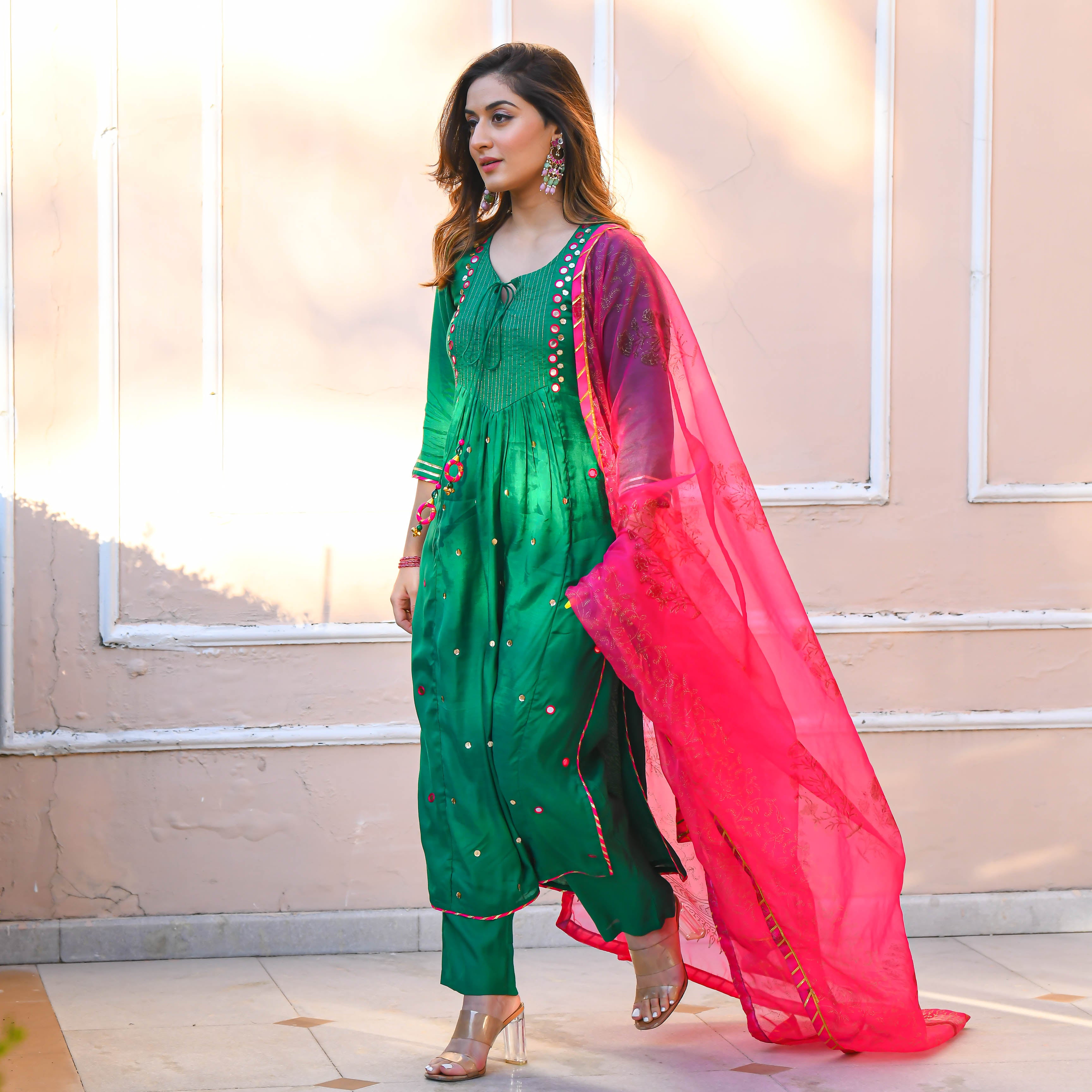 Green Pink Mirror Work Suit Set