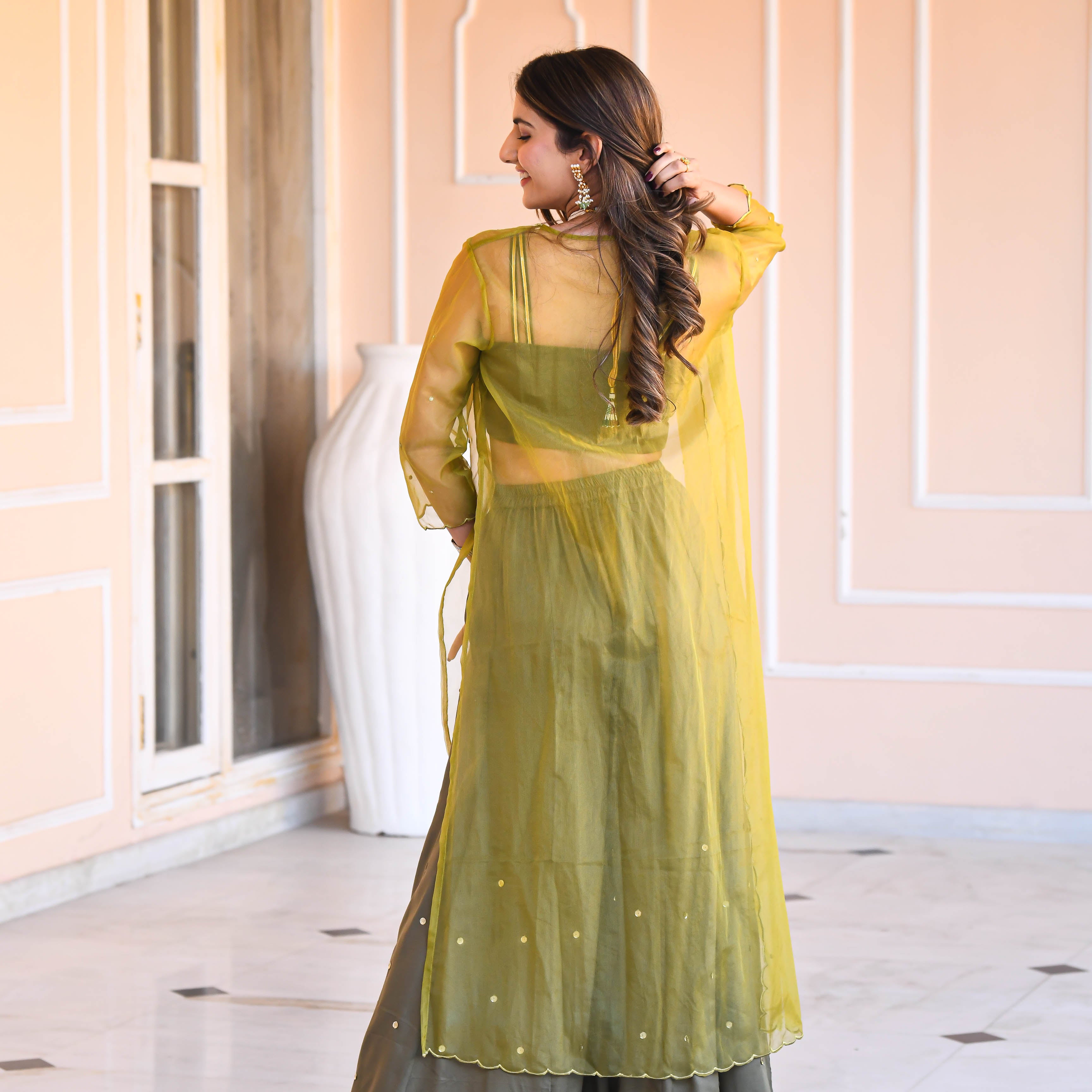 Olive Green Cotton Silk Co-ord Set with Cape