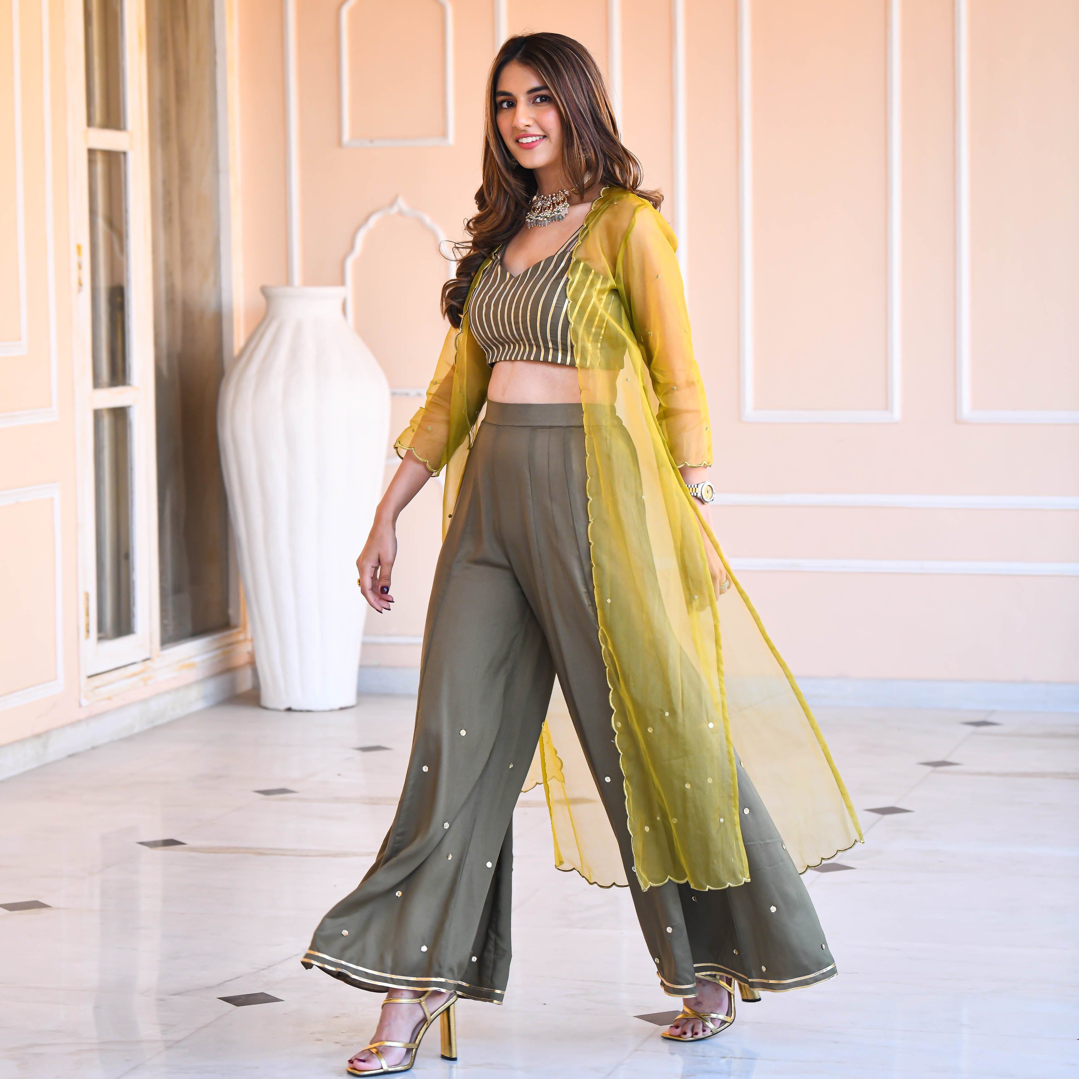 Olive Green Cotton Silk Co-ord Set with Cape