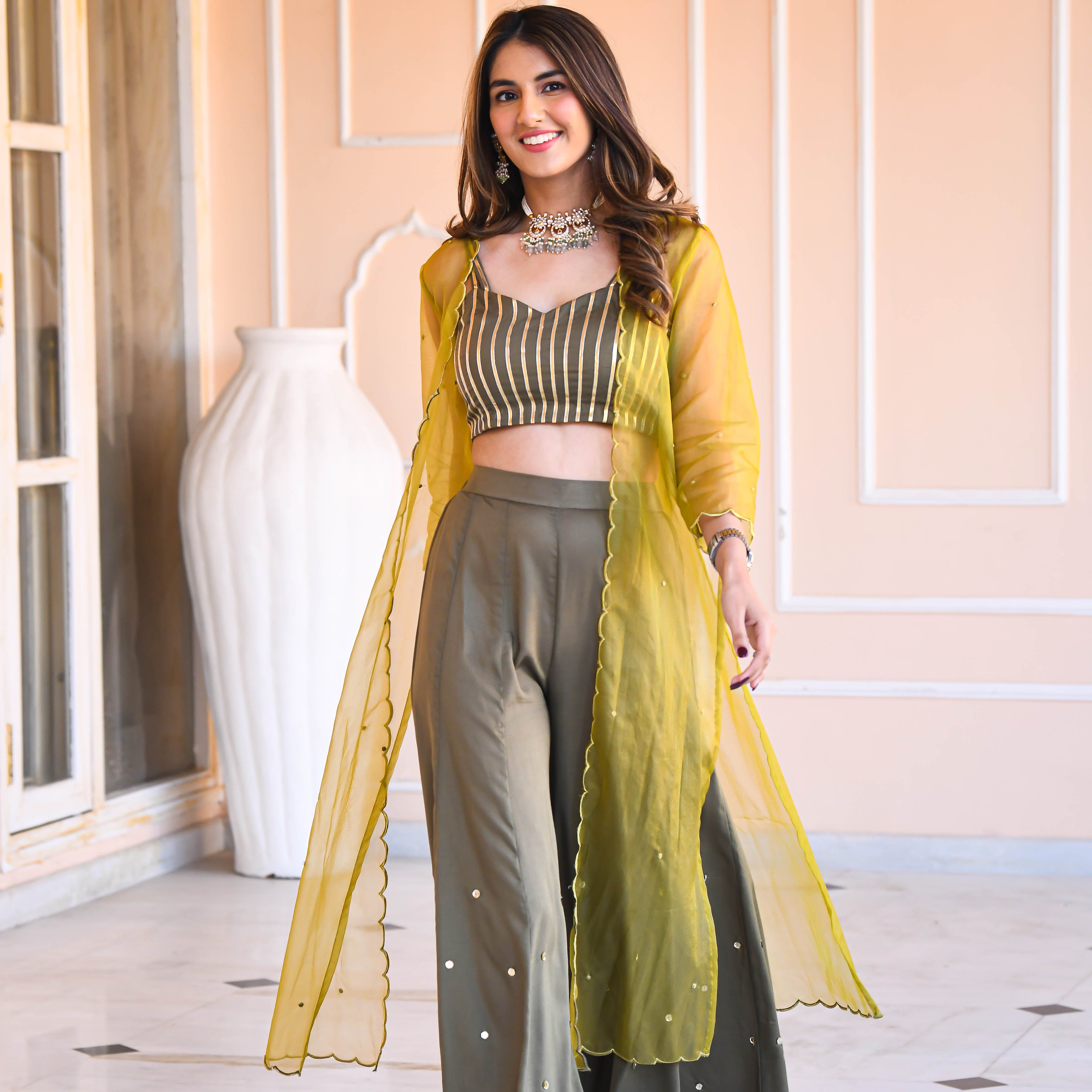 Olive Green Cotton Silk Co-ord Set with Cape