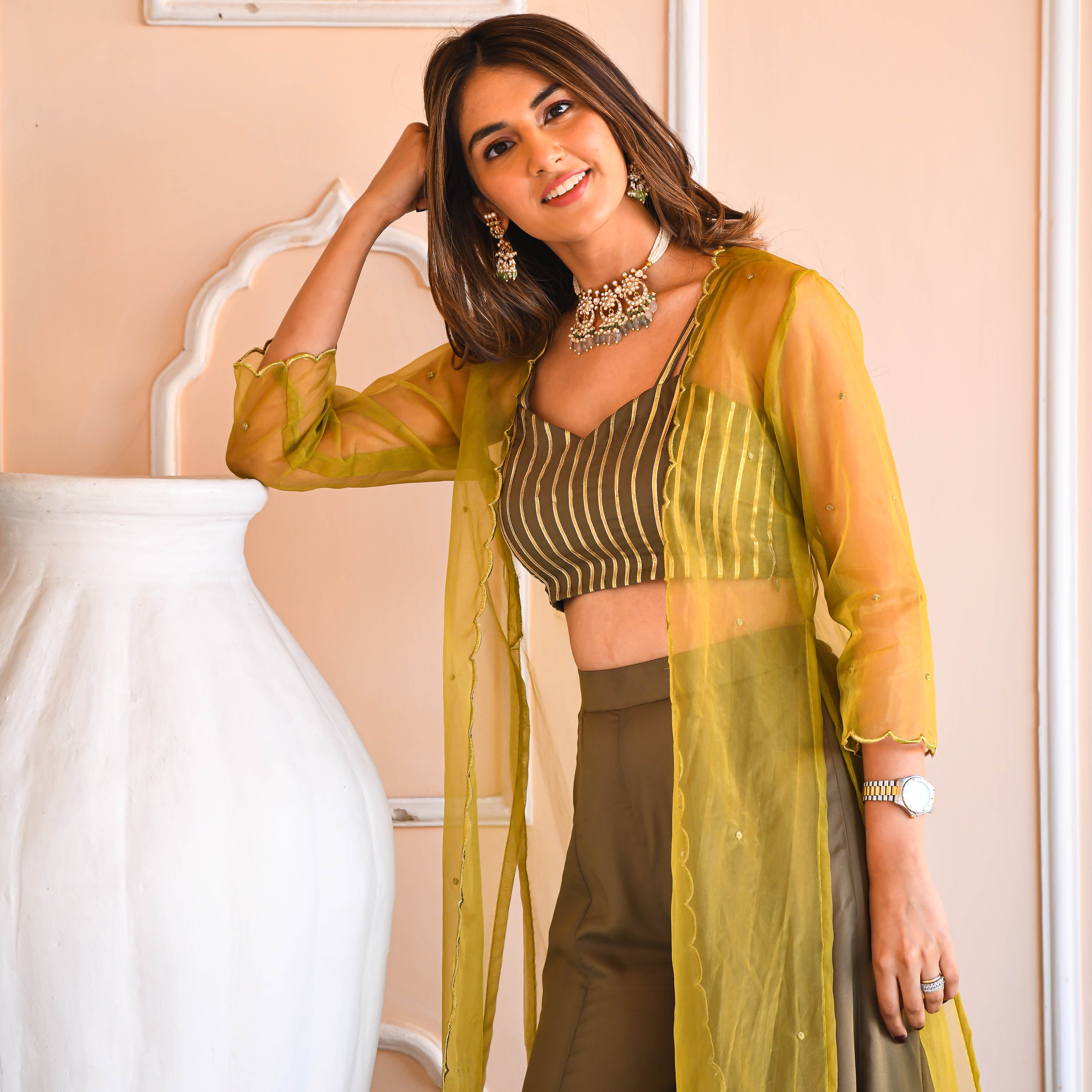 Olive Green Cotton Silk Co-ord Set with Cape
