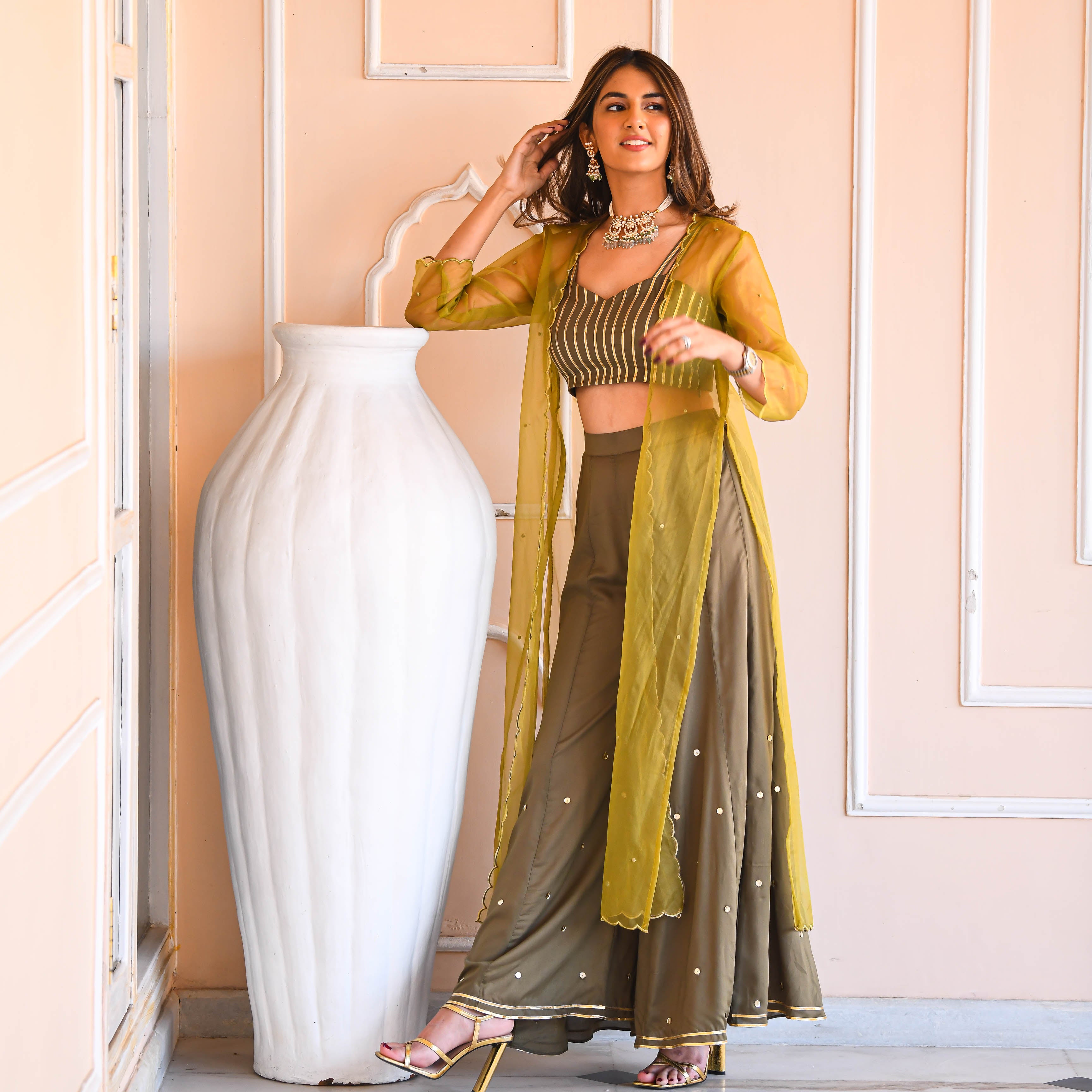 Olive Green Cotton Silk Co-ord Set with Cape