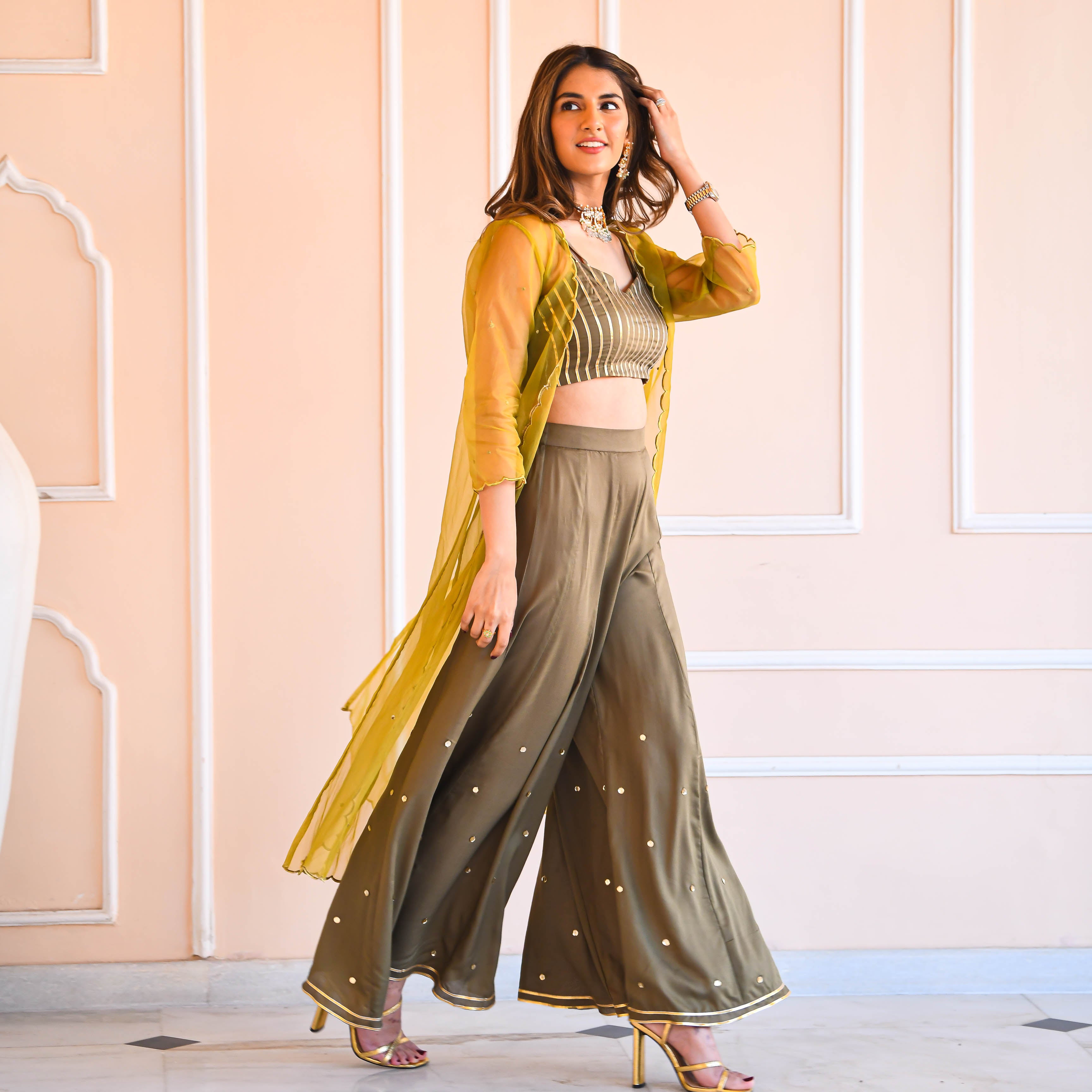 Olive Green Cotton Silk Co-ord Set with Cape